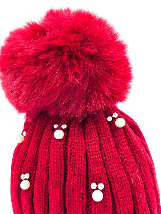 Pom Pom Beanie Damen Fleece Strickmütze in Roter Farbe