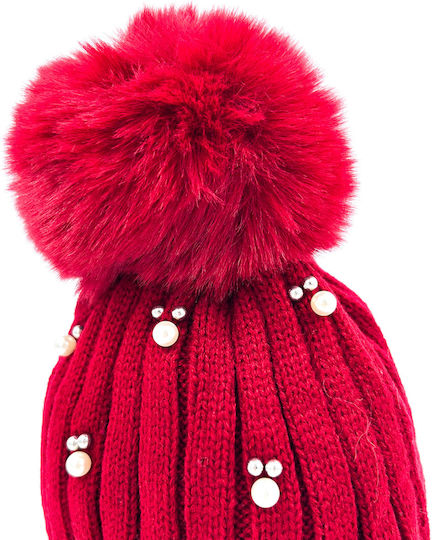 Pom Pom Beanie Women's Fleece Knitted Beanie in Red Color