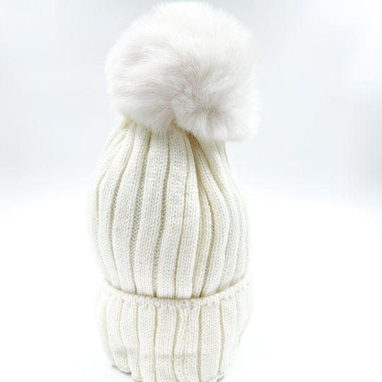 Pom Pom Beanie Women's Fleece Knitted Beanie in White Color