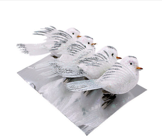 Christmas Decorative White-Silver Birds Clips 4 Pieces 1epx3163