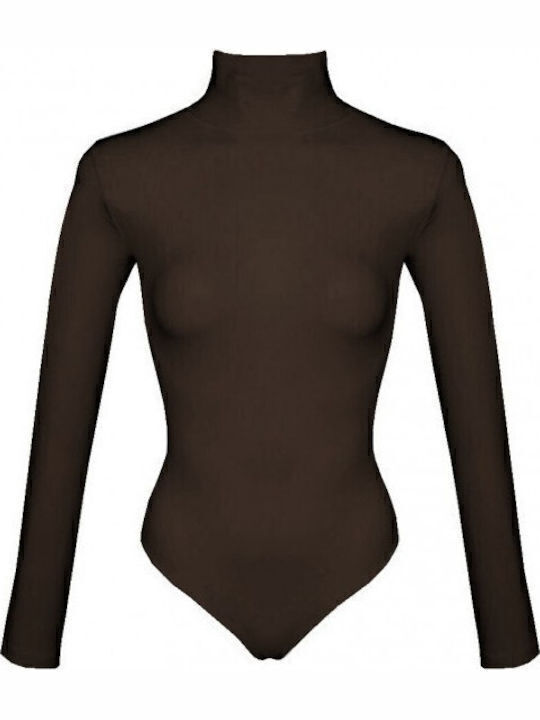 Bodysuit Turtleneck Cotton Long Sleeve Brown