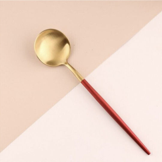 Set 6 Linguri de Lux pentru Cafea Ceai Desert Inox 13 Cm Auriu Roșu