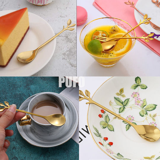 Комплект 6 Лъжици Puff Leaf Кафе Чай Десерт Неръждаема Стомана Дръжка Листо Златисти 13 См