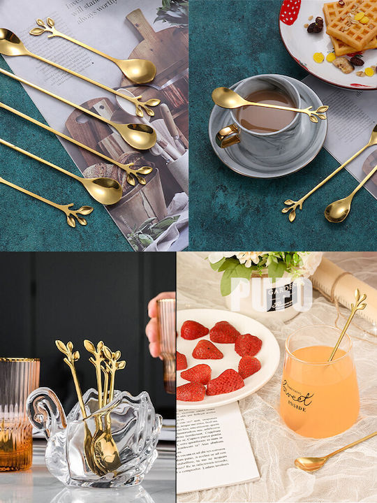 Set 6 Linguri Puff Leaf Cafea Ceai Desert Inox Mâner În formă de frunză Aurie 13 Cm