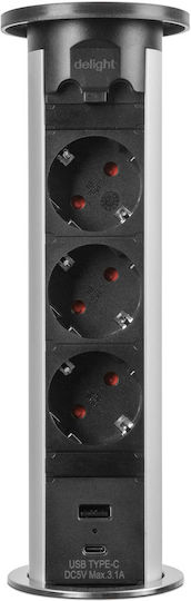 Delight Πολύπριζο με USB-A, Διακόπτη και Καλώδιο 1.5m Ασημί