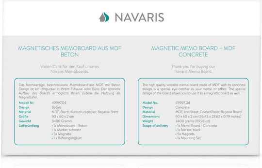 Navaris Concrete Magnetic Hanging Dry Erase Board 60x90cm