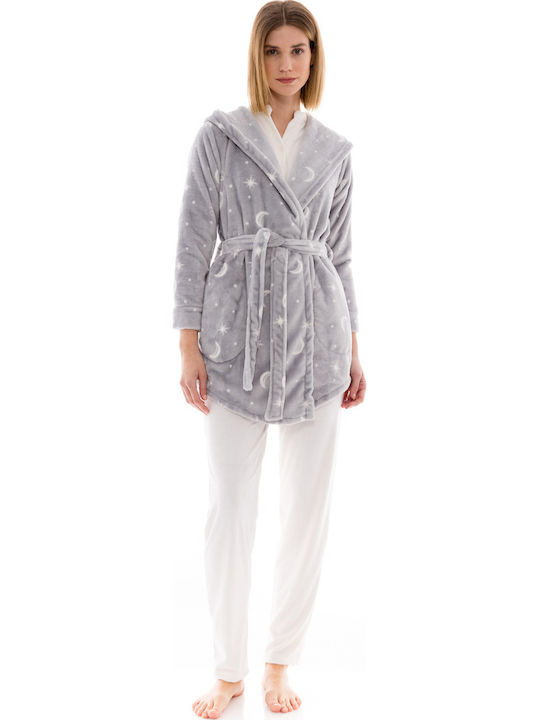 Pink Label Χειμερινή Γυναικεία Fleece Ρόμπα Γκρι