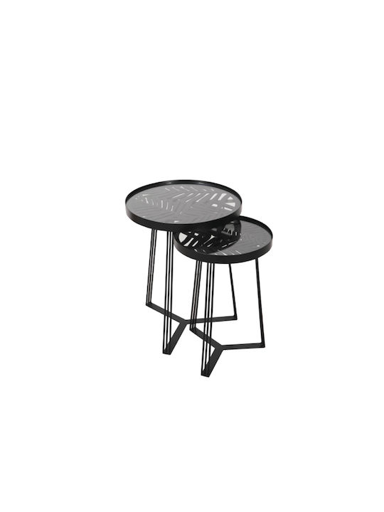 Round Side Coffee Table Jungle Glass Black 2 Pieces W40xL40xH50cm
