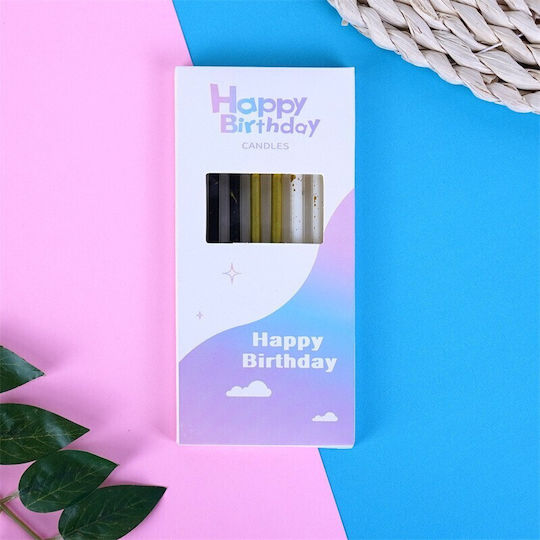 Set 6 Lange Kerzen Flippy Paraffin 10 X 0,5 Cm Happy Birthday Weiße Schwarze Goldene
