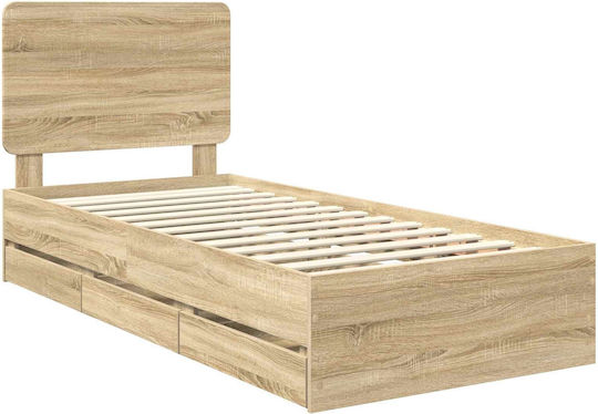 Pat Single Din Lemn Stejar Sonoma Cu Plăci Pentru Saltea 75x190cm
