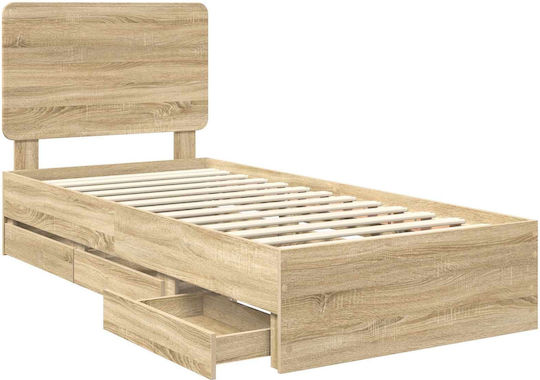 Pat Single Din Lemn Stejar Sonoma Cu Plăci Pentru Saltea 75x190cm