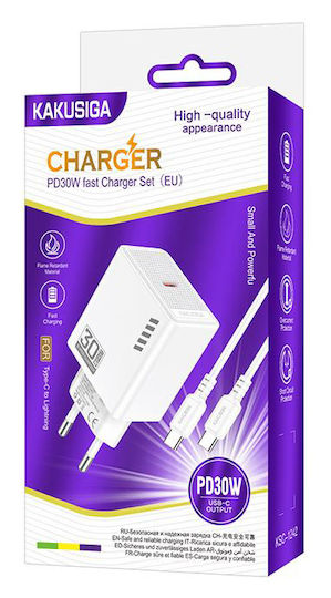 Kakusiga Handyladegerät mit USB-C Ausgangsanschlüsse und Kabel USB-C - USB-C 30W Stromlieferung Weiß (KSC-1242)