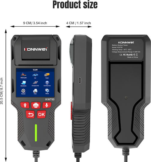 Konnwei Kw700 Tester Baterie Auto Cu Imprimantă Termică Integrată Ecran Lcd Color 12v/24v Compatibil Agm Gel Efb Plumb-acid Litiu