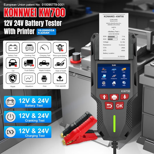 Konnwei Kw700 Tester Baterie Auto Cu Imprimantă Termică Integrată Ecran Lcd Color 12v/24v Compatibil Agm Gel Efb Plumb-acid Litiu