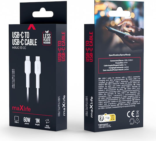 Maxlife Cablu USB 2.0 USB-C Masculin - USB-C 60W PD Alb 1m