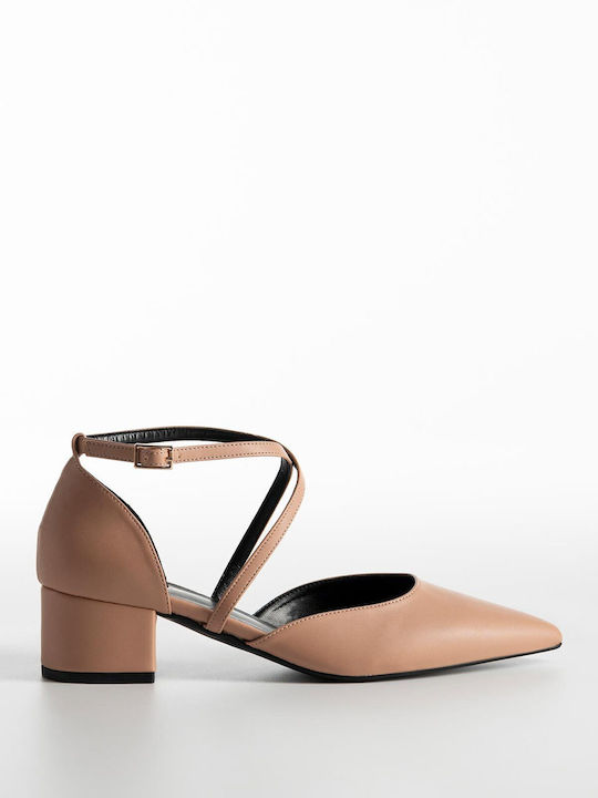 Synthetic Leather Pointed Toe Pink Low Heels with Strap