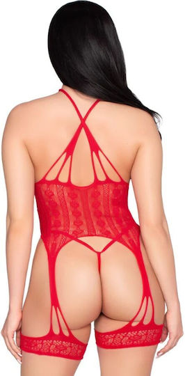 Leg Avenue 89338 Дантелен Отворен Боди Жартиерен Колан + Бикини Червен Универсален Размер