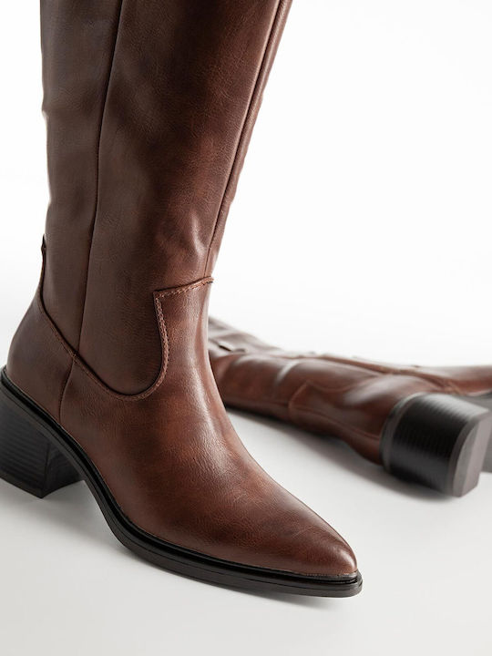 Synthetic Leather Medium Heel Women's Boots with Zipper Brown