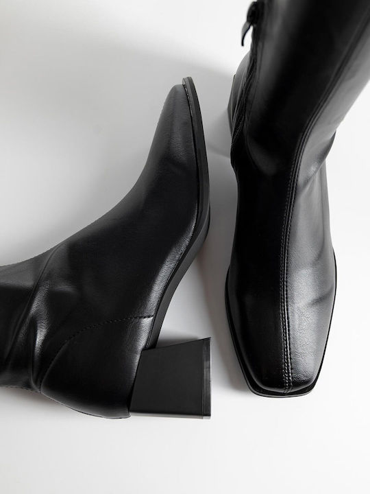 Synthetic Leather Medium Heel Women's Boots with Zipper Black