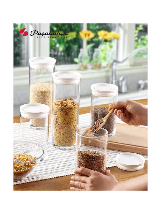 White Set of 2 General Use Glass Transparent Jars with Lid 9x9x23.4cm 2 Pieces