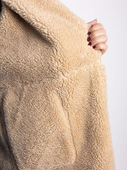 Дамско Beige Палто Teddy с кожени детайли