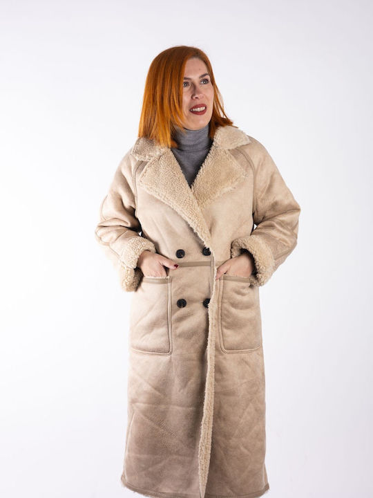 Дамско Beige Палто Teddy с кожени детайли
