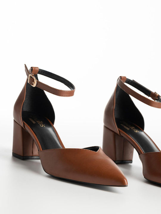 Synthetic Leather Pointed Toe Brown Medium Heels with Strap