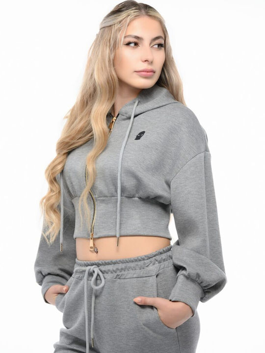 Cropped Γυναικεία Ζακέτα Φούτερ με Κουκούλα Grey
