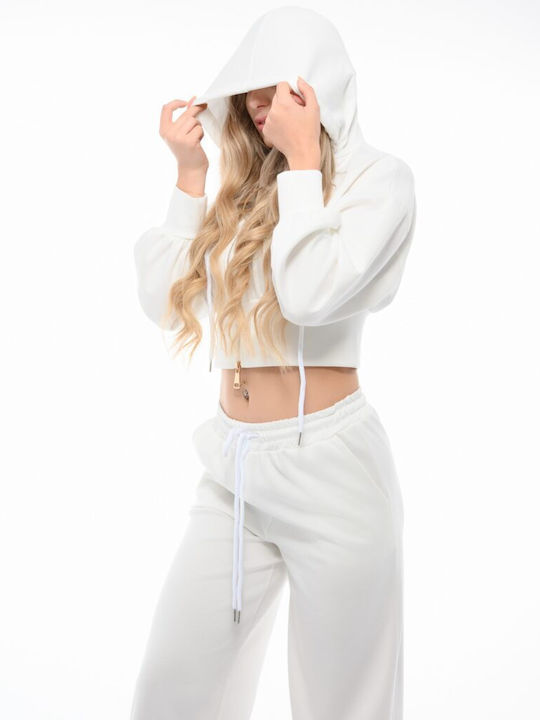 Cropped Women's Sweatshirt Jacket Hooded White