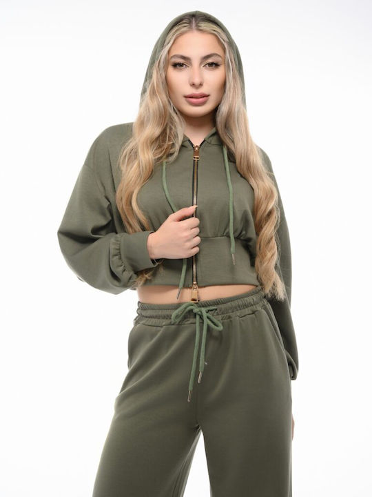 Cropped Γυναικεία Ζακέτα Φούτερ με Κουκούλα Olive