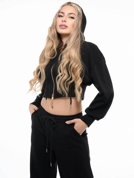 Cropped Women's Sweatshirt Jacket Hooded Black