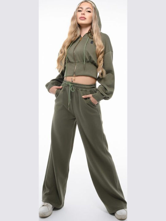 Cropped Γυναικεία Ζακέτα Φούτερ με Κουκούλα Olive