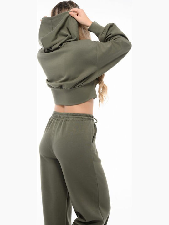 Cropped Γυναικεία Ζακέτα Φούτερ με Κουκούλα Olive