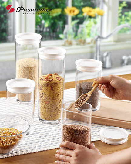 White Set 2 Pieces General Use Glass Transparent Jars with Lid 9x9x15.5cm 2 Pieces