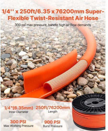 Vevor Flexible Air Hose 6.35mm X 76.2m Hybrid Lightweight Durable Folds 300 Psi Orange Kqrg1ptkqrgrh27az001v0