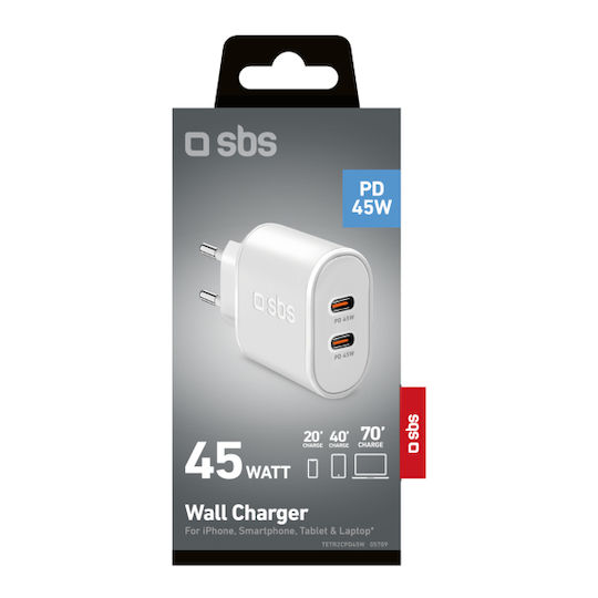 SBS Φορτιστής Χωρίς Καλώδιο GaN με 2 Θύρες USB-C 45W Power Delivery Λευκός (TETR2CPD45W)
