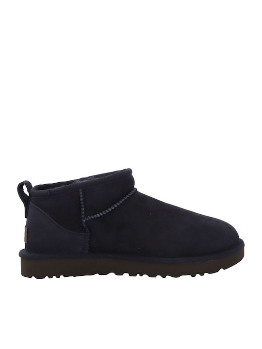 Classic Ultra Mini Leather Women's Ankle Boots with Fur Blue