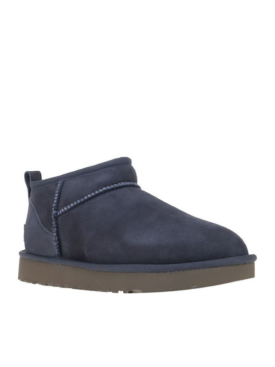 Classic Ultra Mini Leather Women's Ankle Boots with Fur Blue