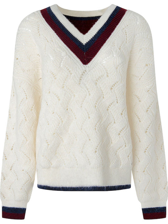 Damen Langarm Pullover mit V-Ausschnitt Gestreift Beige