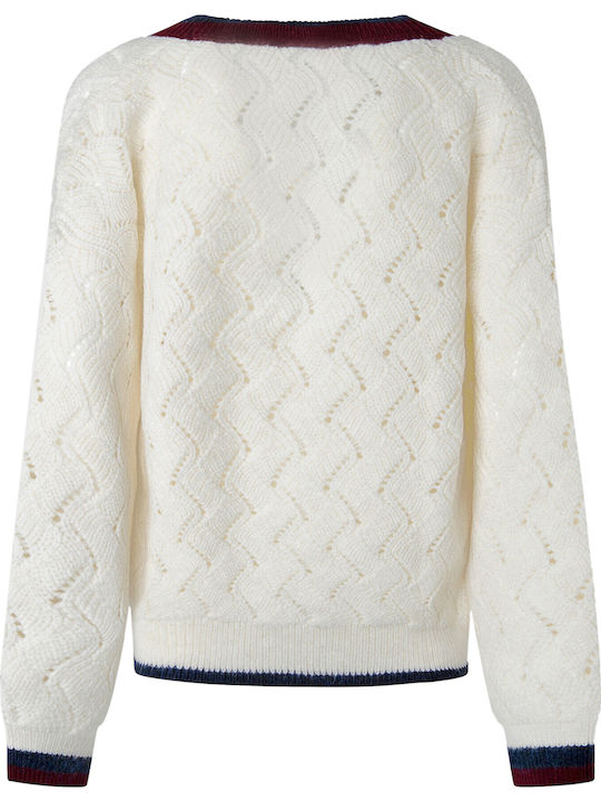 Damen Langarm Pullover mit V-Ausschnitt Gestreift Beige