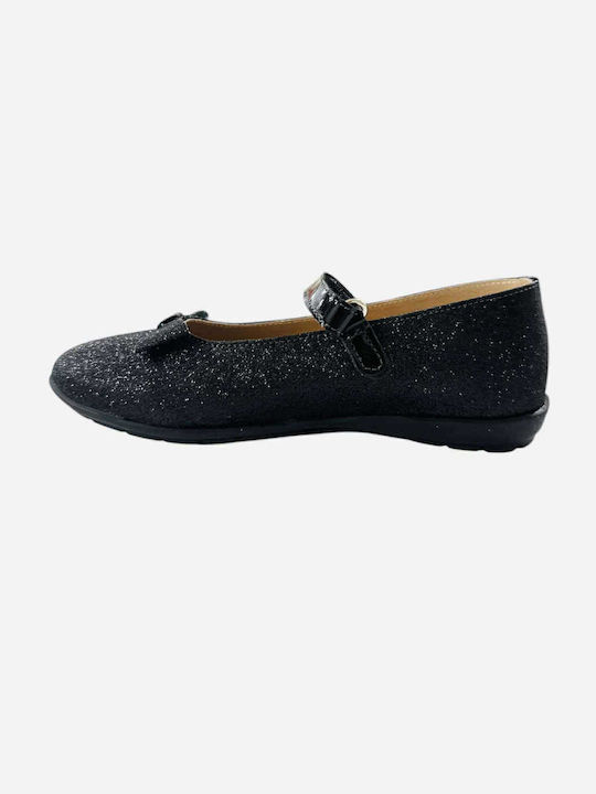 Kids Leather Ballerinas with Hoop & Loop Closure Black