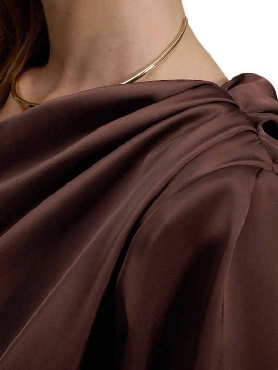 Bluza Damă Satin Cu Un Umăr Maro