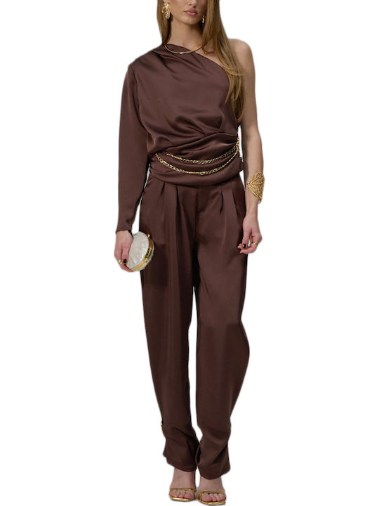 Bluza Damă Satin Cu Un Umăr Maro