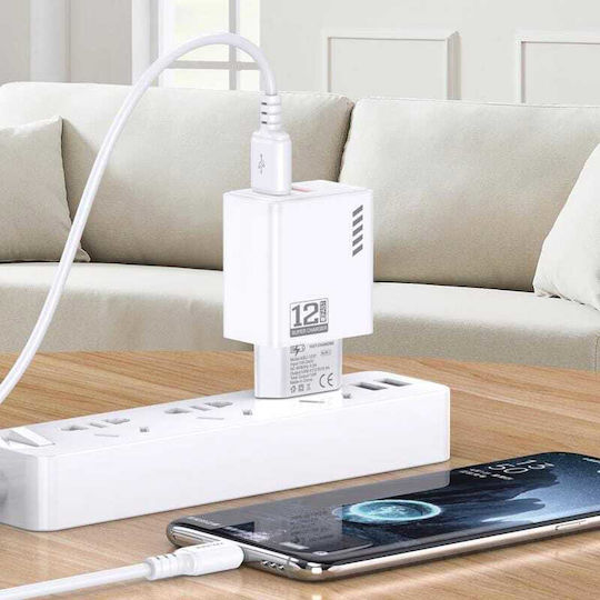 Kakusiga Φορτιστής με 2 Θύρες USB-A και Καλώδιο USB-C 12W Λευκός (KSC-1238)