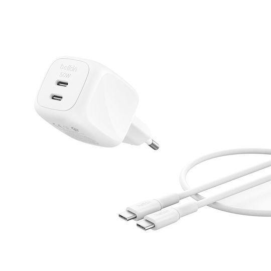 Belkin Charger GaN with 2 USB-C Ports and Cable USB-C 50W Power Delivery Whites (BoostCharge Pro)