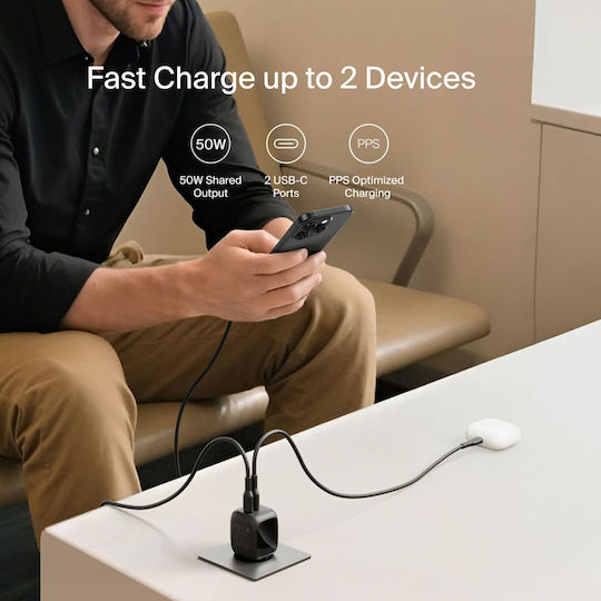 Belkin Charger Without Cable GaN with 2 USB-C Ports 50W Power Delivery Blacks (BoostCharge Pro)