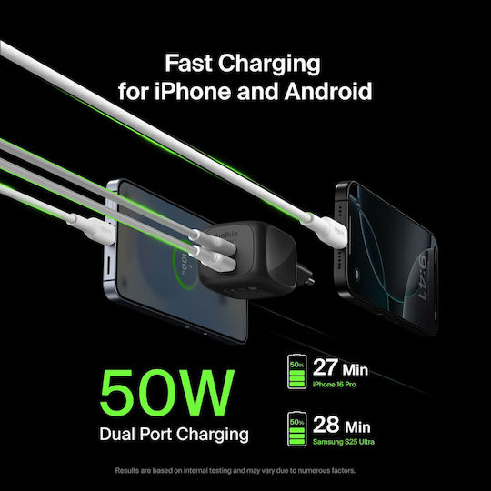 Belkin Charger Without Cable GaN with 2 USB-C Ports 50W Power Delivery Blacks (BoostCharge Pro)