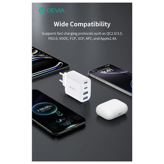 Devia Φορτιστής Χωρίς Καλώδιο με 2 Θύρες USB-A και 2 Θύρες USB-C 40W Power Delivery / Quick Charge 3.0 Λευκός (RCE-4001AACCL)