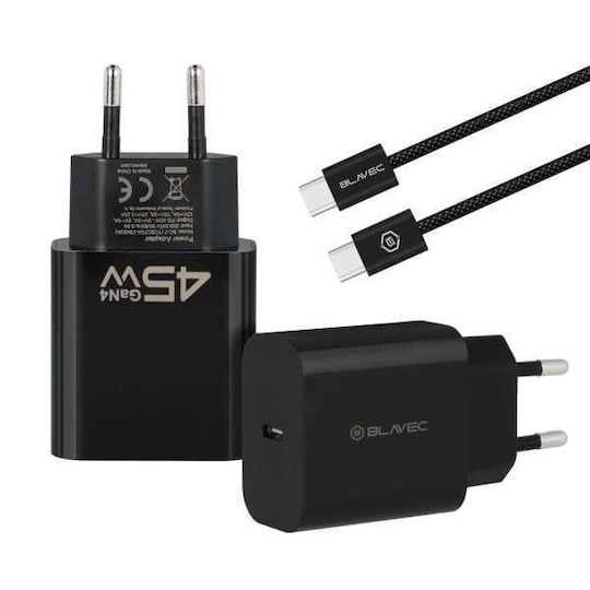 Blavec Ladegerät GaN mit USB-C Anschluss und Kabel USB-C - USB-C 45W Stromlieferung / Schnell-Ladung 4+ Schwarzs (BC-7)