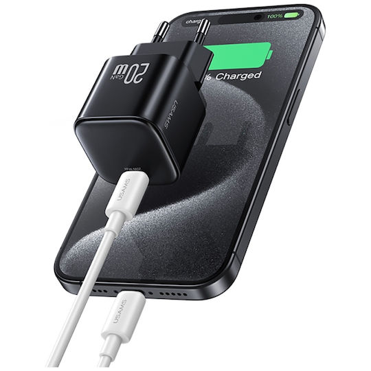 Usams Φορτιστής GaN με Θύρα USB-C και Καλώδιο USB-C - Lightning 20W Power Delivery Λευκός (CC260)